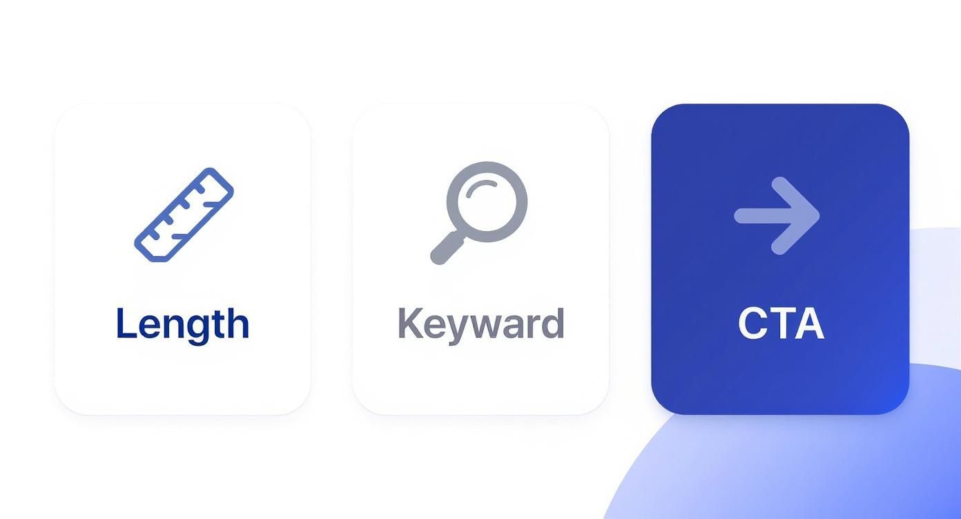 Visuele weergave van belangrijke content- en marketingelementen: lengte, zoekwoord en Call To Action.