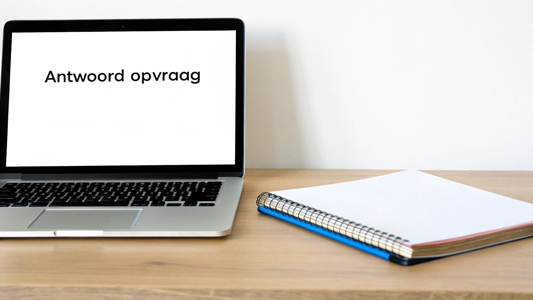 Een laptop op een houten bureau met de tekst 'Antwoord opvraag' op het scherm, naast een spiraalnotitieboek.
