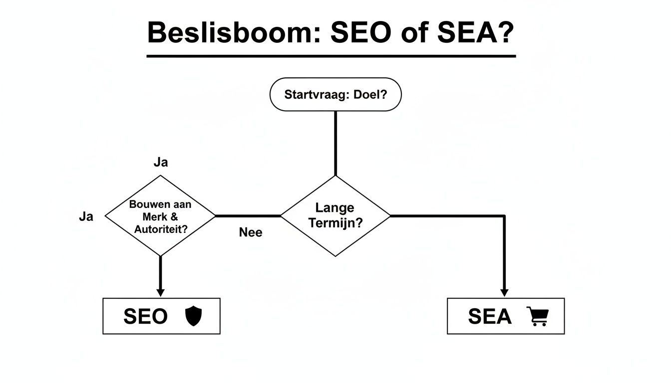 Beslisboom voor de keuze tussen SEO en SEA, gebaseerd op doelen zoals lange termijn en merkautoriteit.