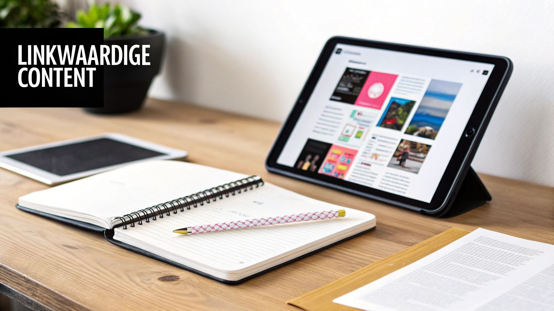 Een houten bureau met een tablet die een website toont, een open notitieboek met pen en papieren, met de tekst 'Linkwaardige Content'.