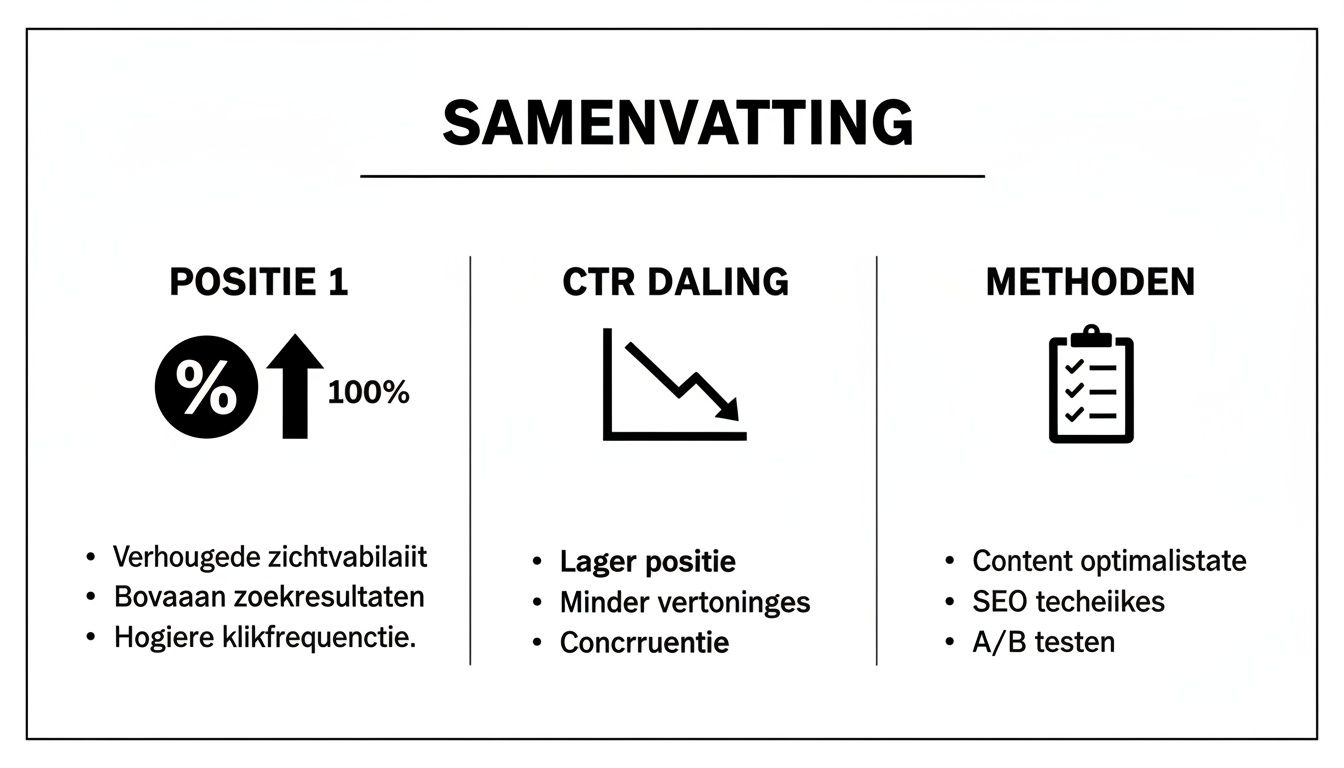Een samenvatting over SEO prestaties met positie 1, CTR daling en optimalisatiemethoden.