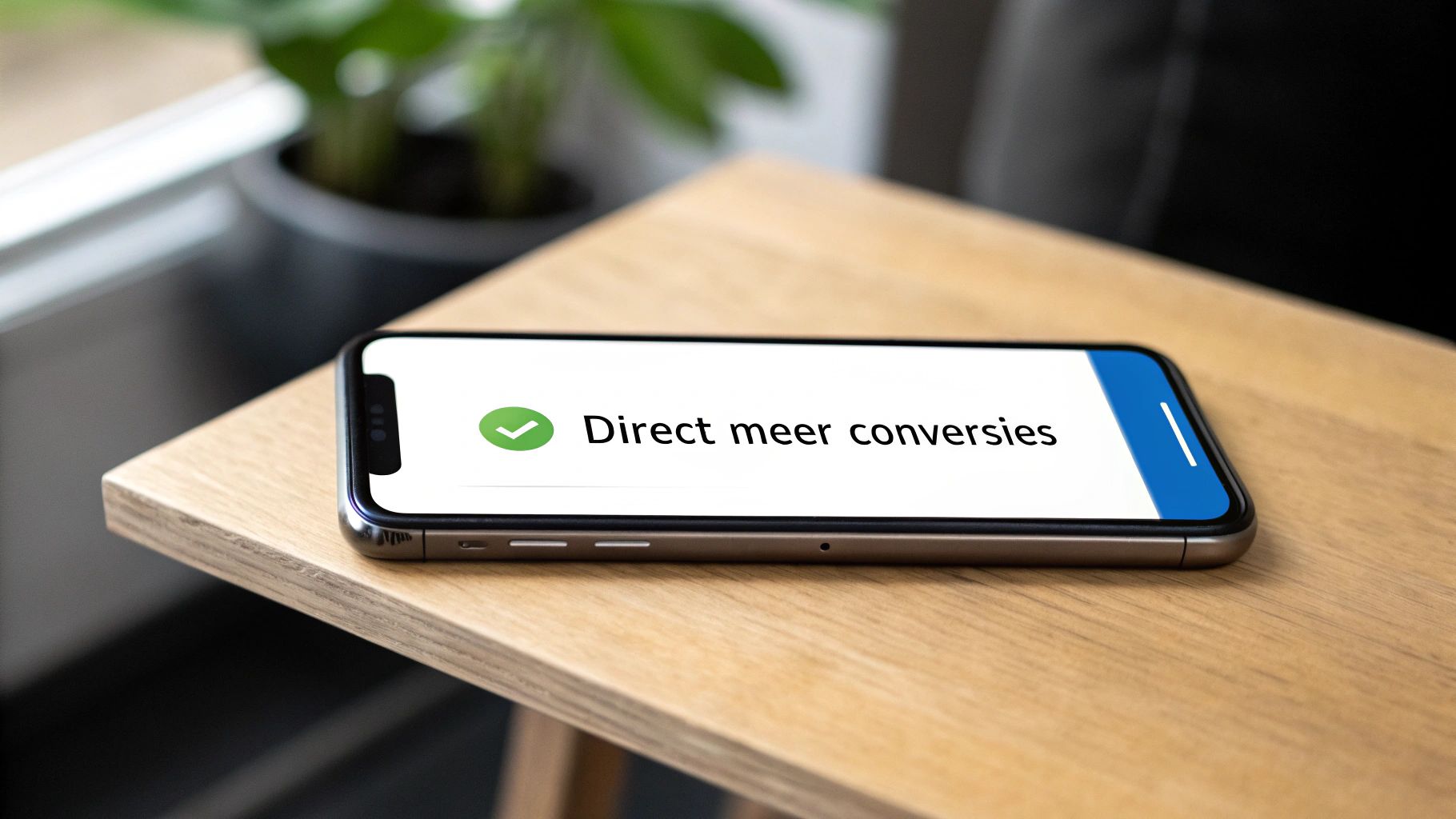 Een iPhone op een houten tafel toont de tekst 'Direct meer conversies' met een groen vinkje.