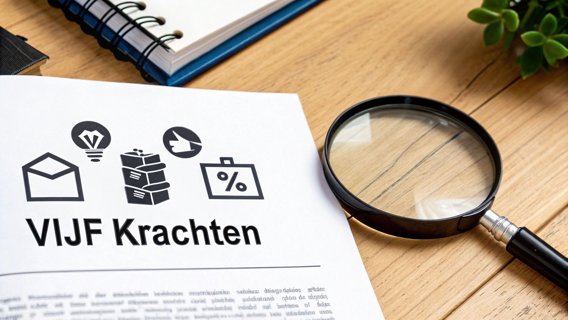 Document 'VIJF Krachten' met pictogrammen, een vergrootglas en notitieboek op een houten tafel.