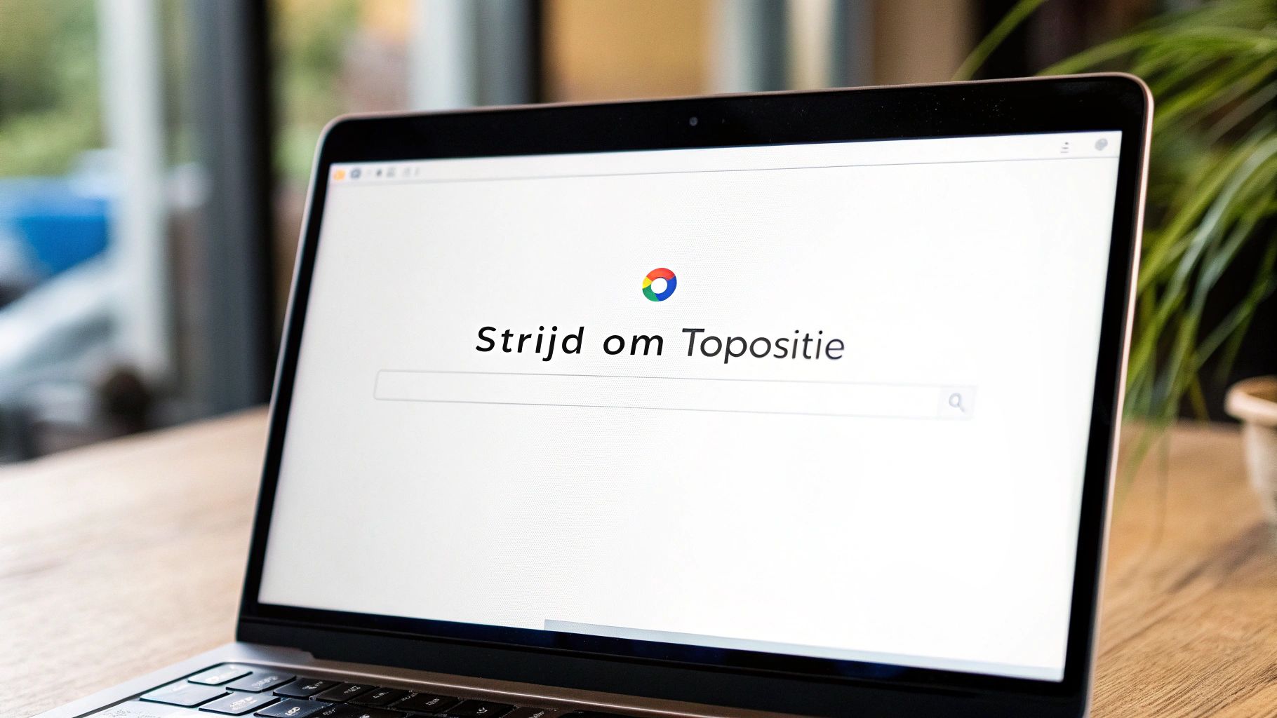 Een laptop toont een zoekmachinepagina met de tekst 'Strijd om Toppositie' en een zoekbalk, liggend op een houten bureau.