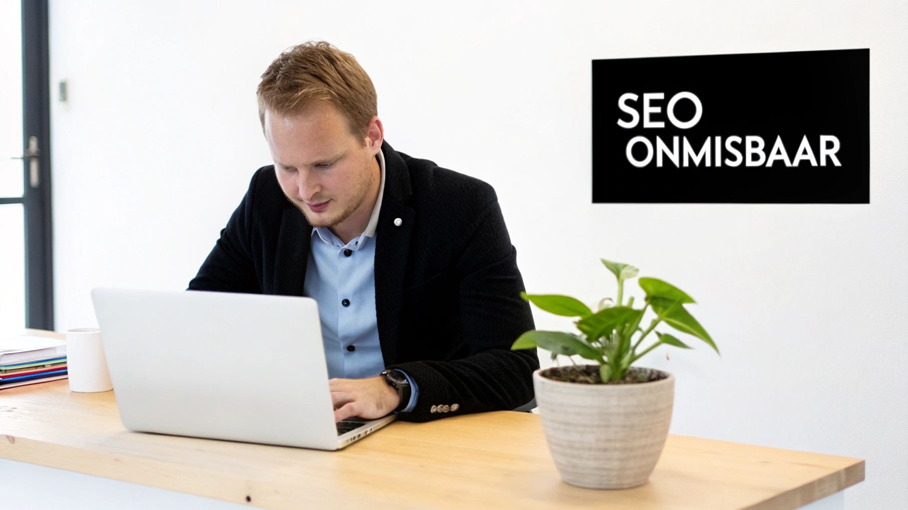 Jonge man werkt geconcentreerd op zijn laptop aan een bureau, met 'SEO ONMISBAAR' op de muur.