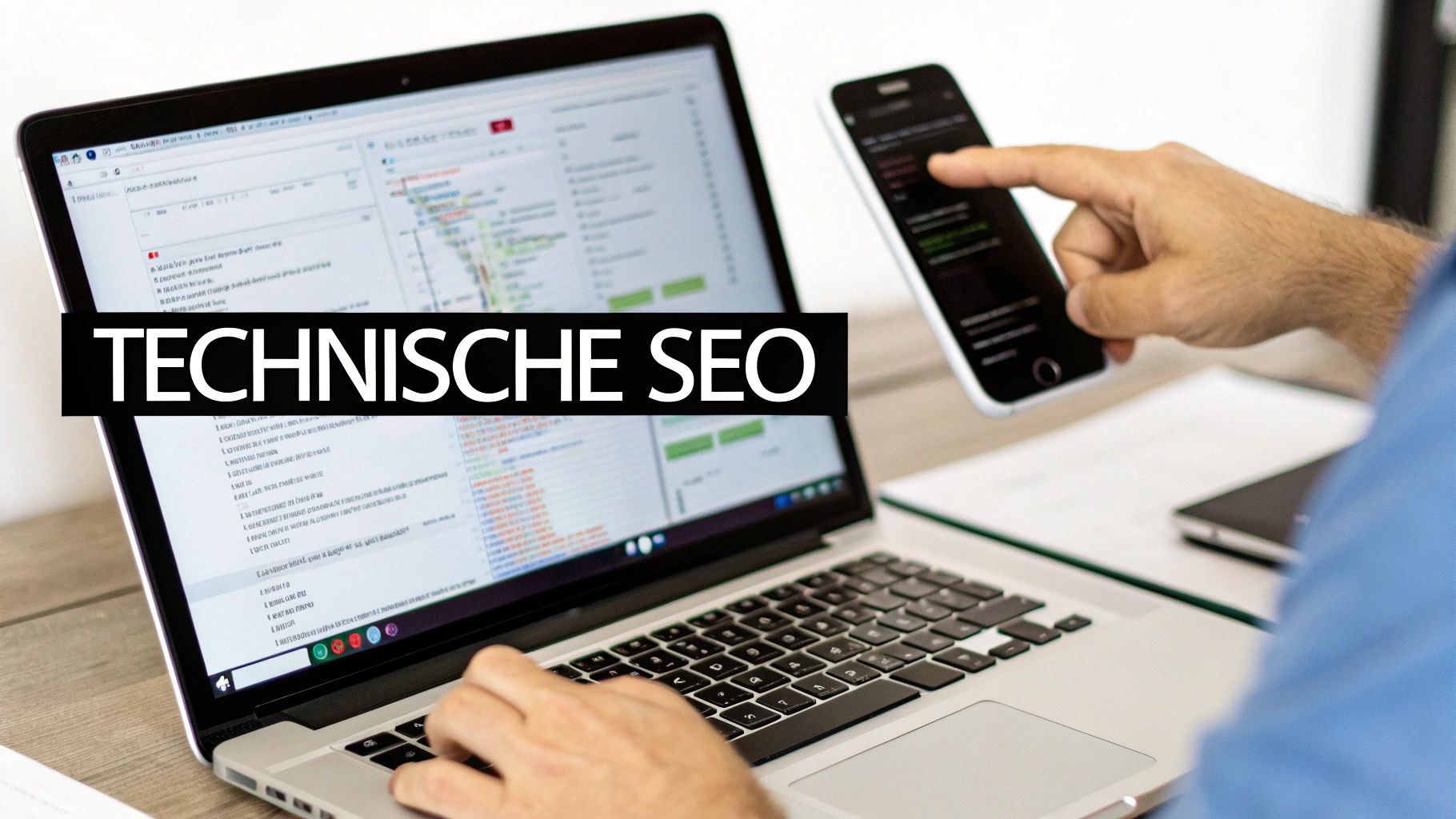 Een persoon werkt aan een laptop en bedient een smartphone, met de tekst 'TECHNISCHE SEO' in beeld.