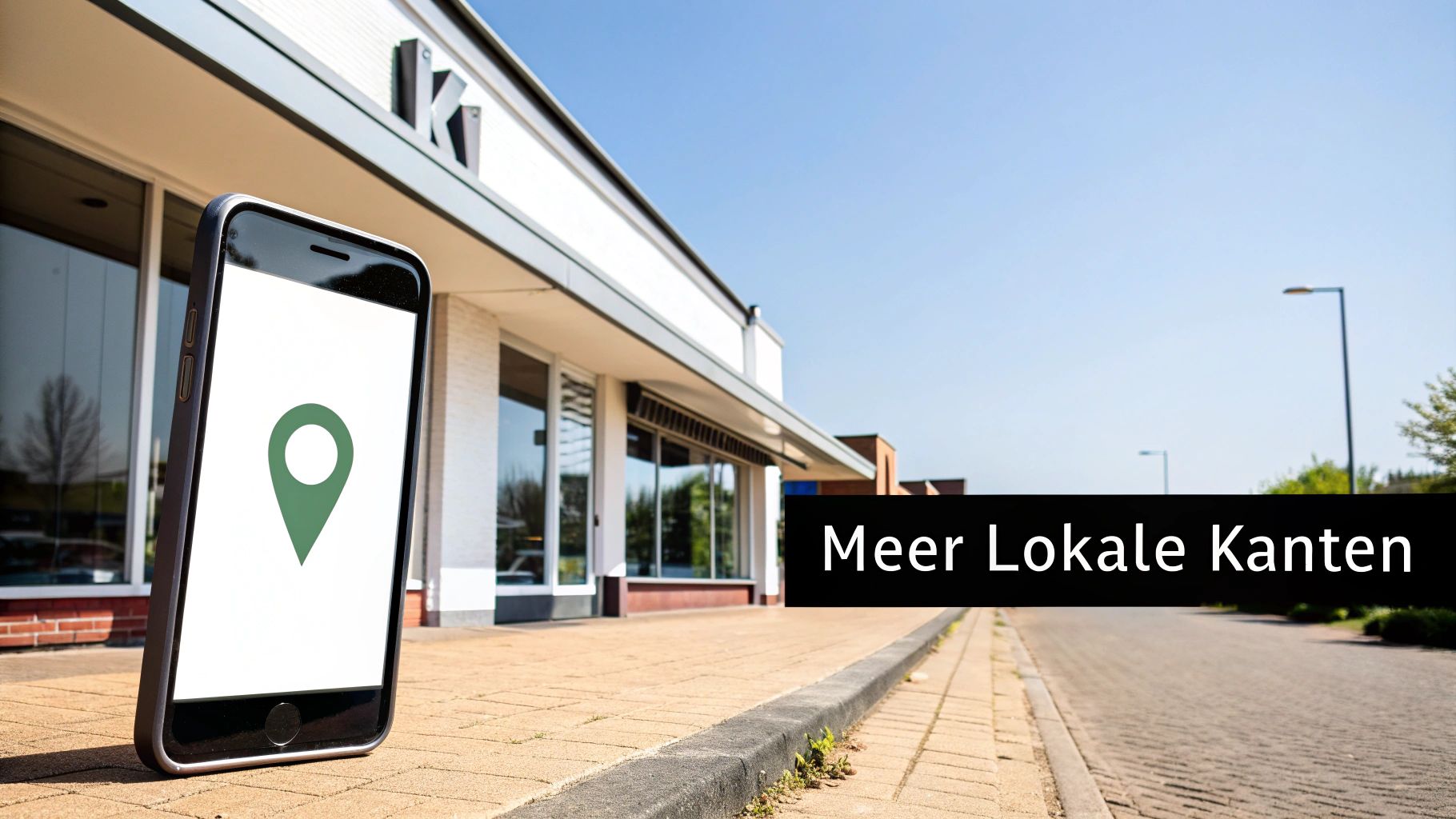 Smartphone met groene locatiepin op het scherm, staand op een trottoir voor een gebouw met de tekst 'Meer Lokale Kanten'.