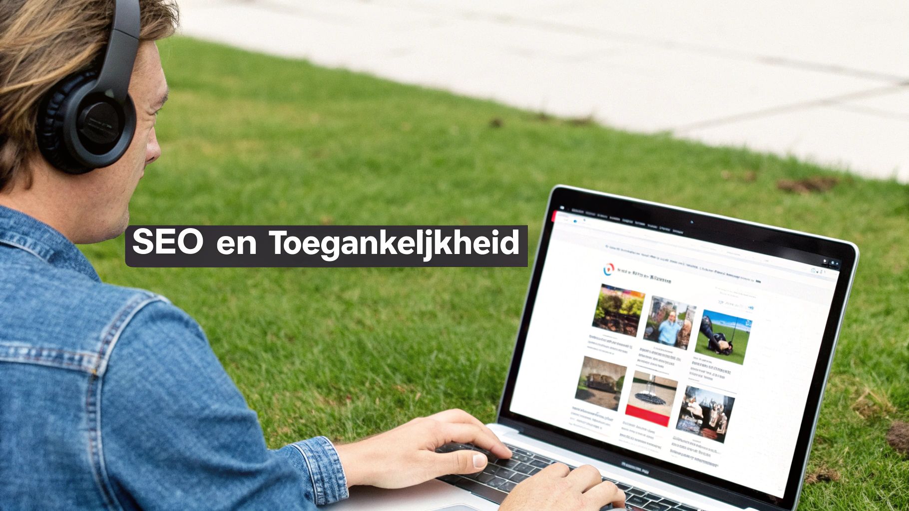 Man met koptelefoon werkt op laptop in gras, focust op SEO en toegankelijkheid van websites.