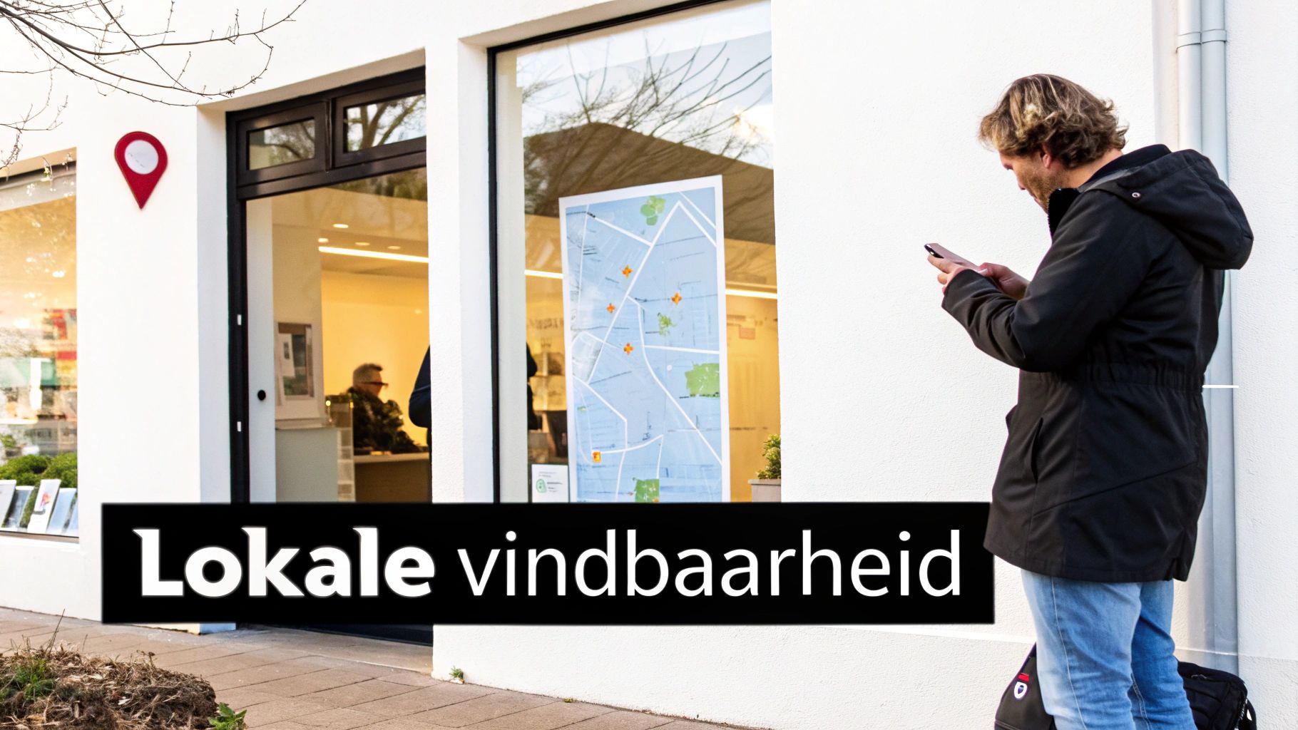 Man gebruikt telefoon buiten winkel met kaart en locatiepin, focust op lokale vindbaarheid.
