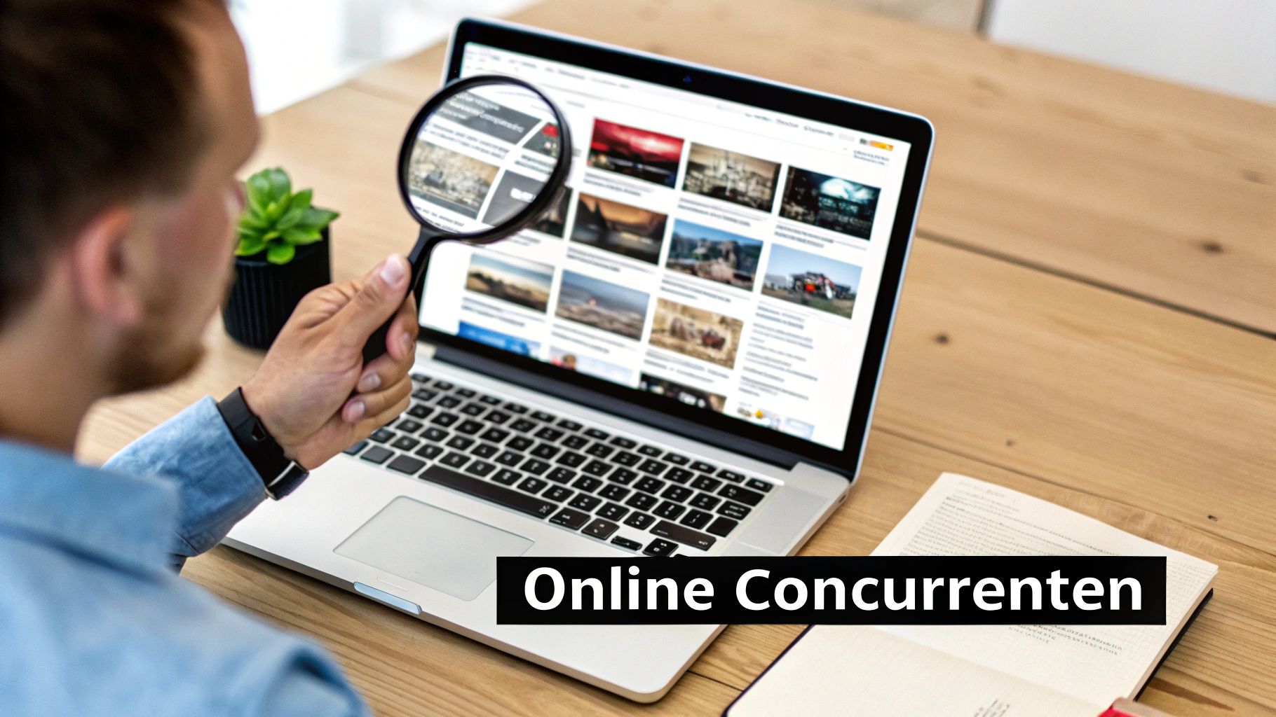 Een persoon onderzoekt online concurrenten op een laptop met een vergrootglas, omringd door een notitieboekje en plant.