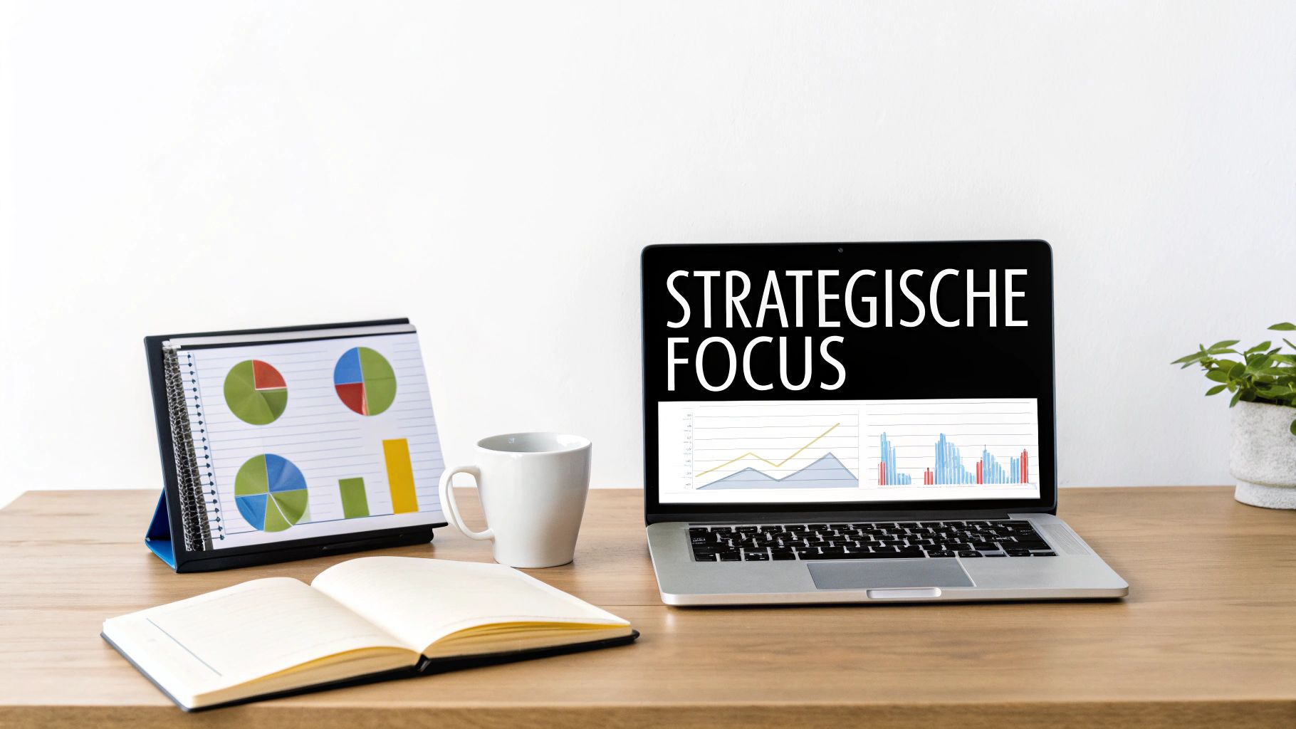 Werkplek met laptop, notitieboekjes, koffiemok en plant, gericht op strategische analyse en planning.
