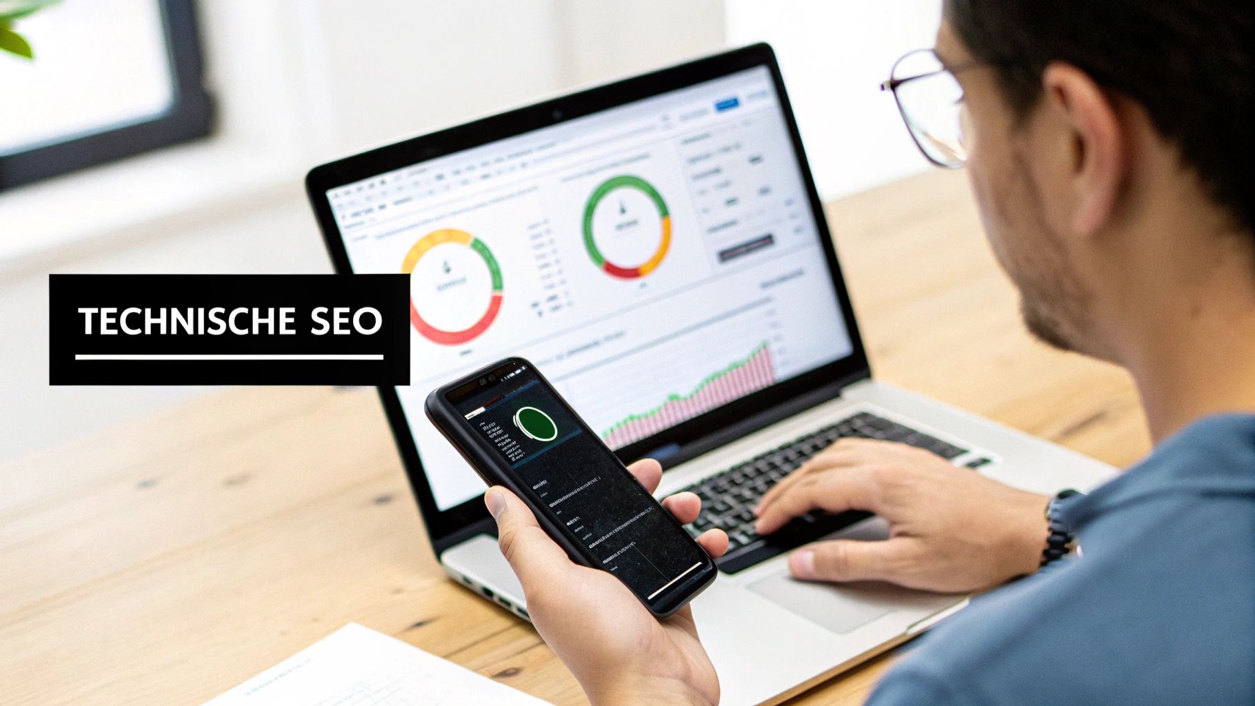 Man met bril kijkt naar laptop en smartphone met technische SEO-gegevens en analyses.