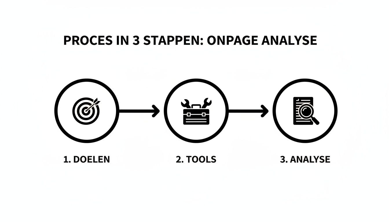 Een visuele weergave van het onpage analyse proces in drie stappen: doelen, tools en analyse.