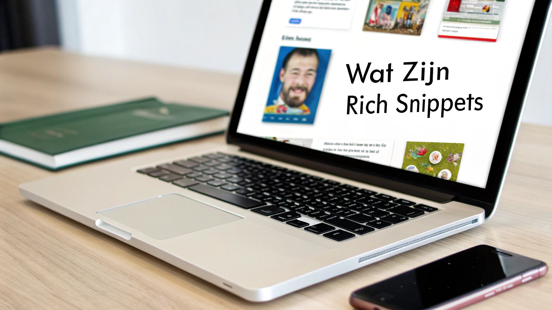 Een laptop met het artikel 'Wat Zijn Rich Snippets' op het scherm, naast een boek en een smartphone op een houten bureau.