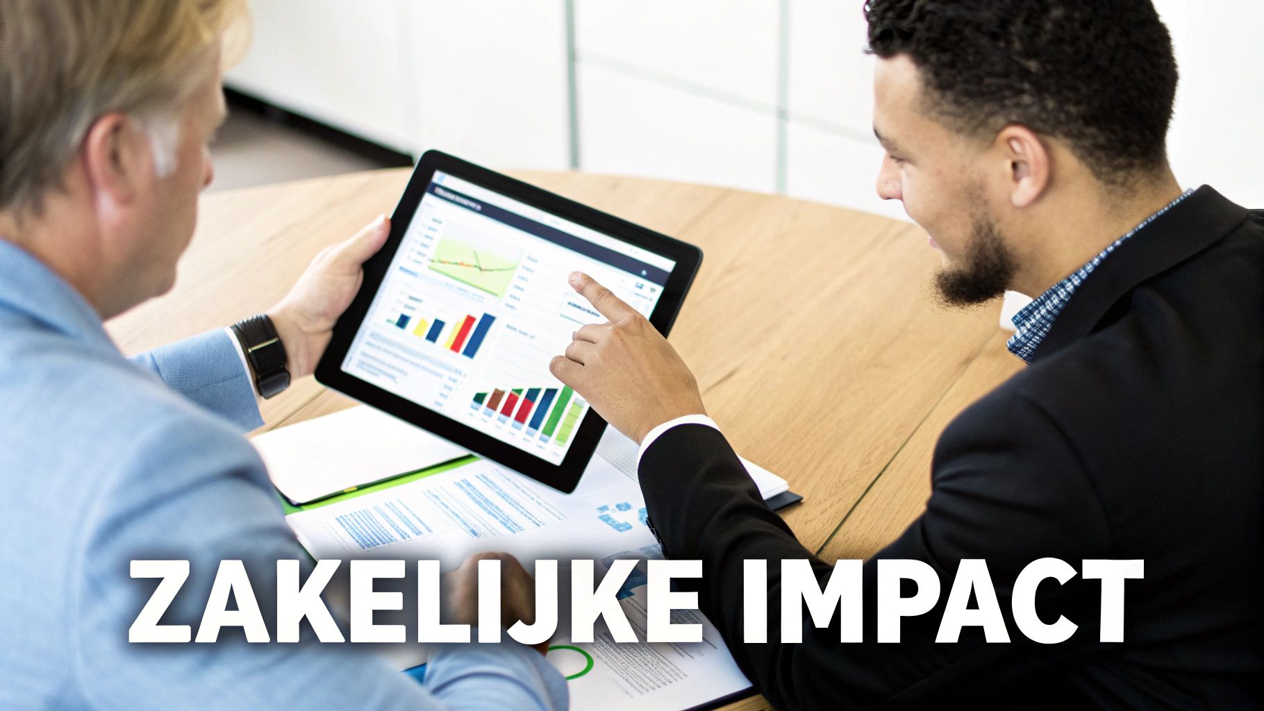 Twee mannen bekijken bedrijfsdata op een tablet, met grafieken en tabellen voor zakelijke impact analyse.