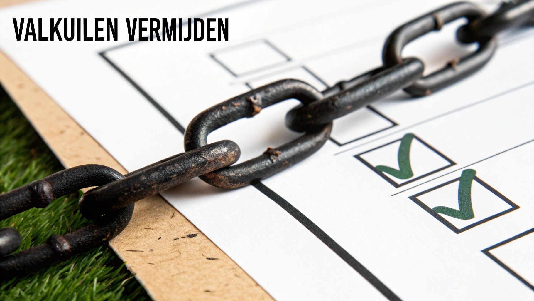 Een vergrootglas dat een gebroken kettingschakel in een netwerk van verbindingen inspecteert, als symbool voor het herkennen van slechte links.