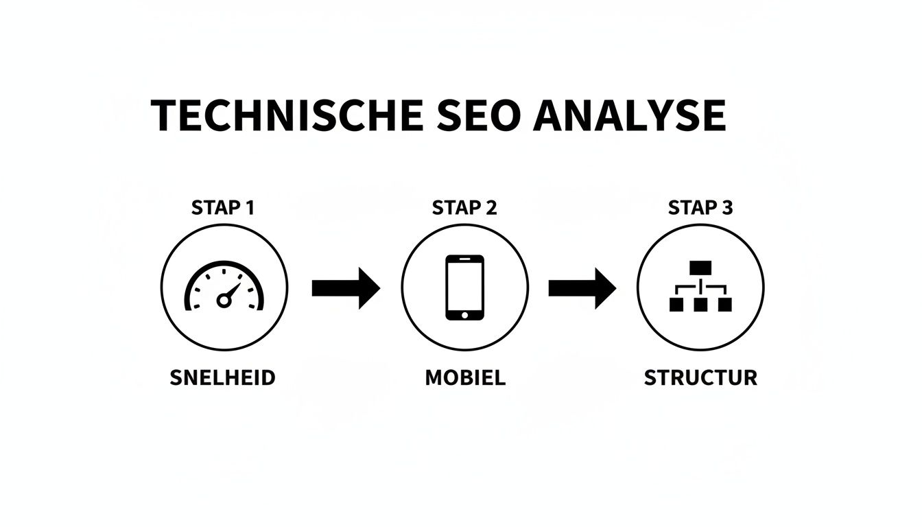Een overzicht van een technische SEO analyse in drie stappen: snelheid, mobiel en structuur.