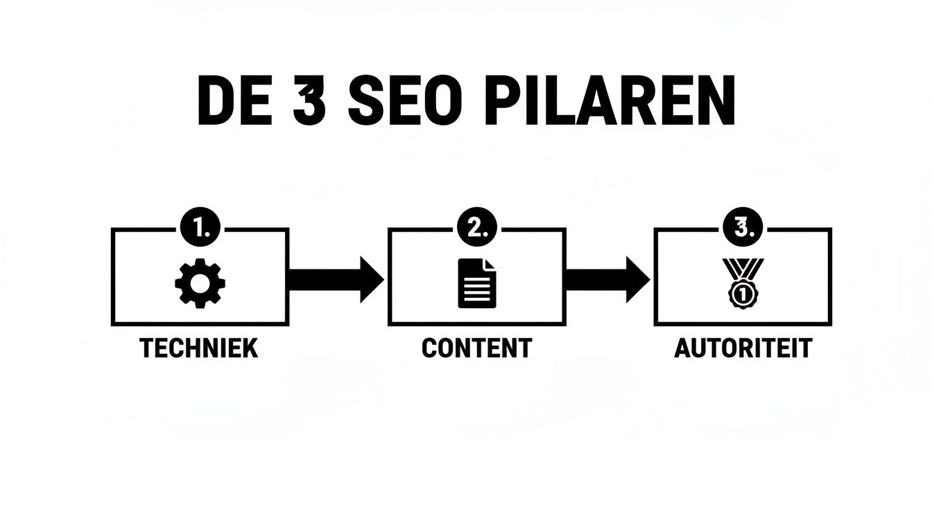 Infographic die de drie SEO-pilaren toont: Techniek, Content en Autoriteit, visueel weergegeven met iconen en stappen.