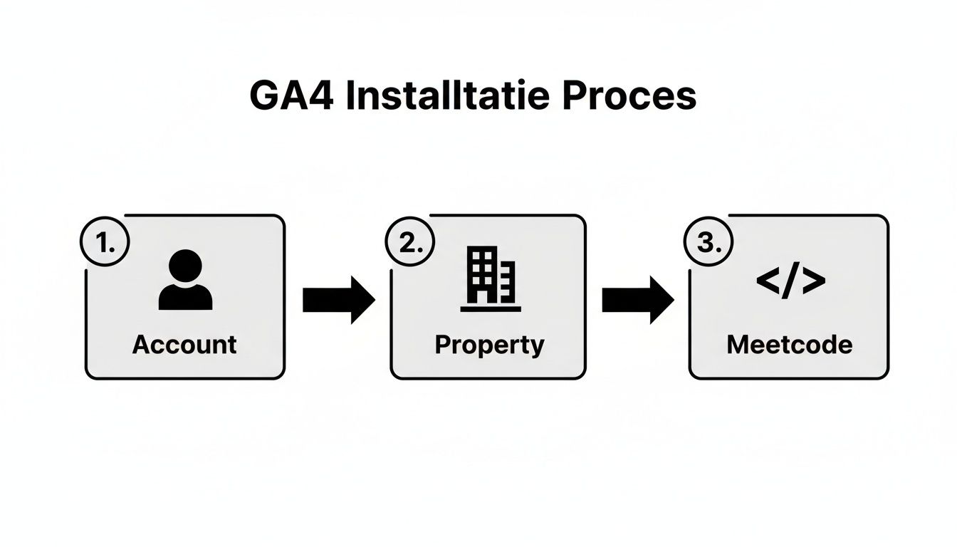Stappenplan voor het installeren van Google Analytics 4 (GA4) met account, property en meetcode.