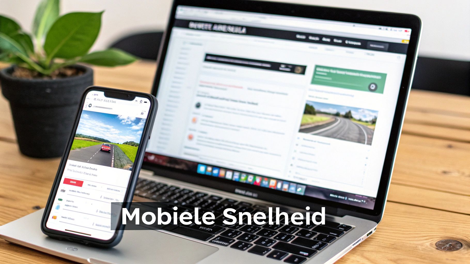 Een smartphone en laptop op een houten bureau, met een plant op de achtergrond, illustreren digitale vindbaarheid.