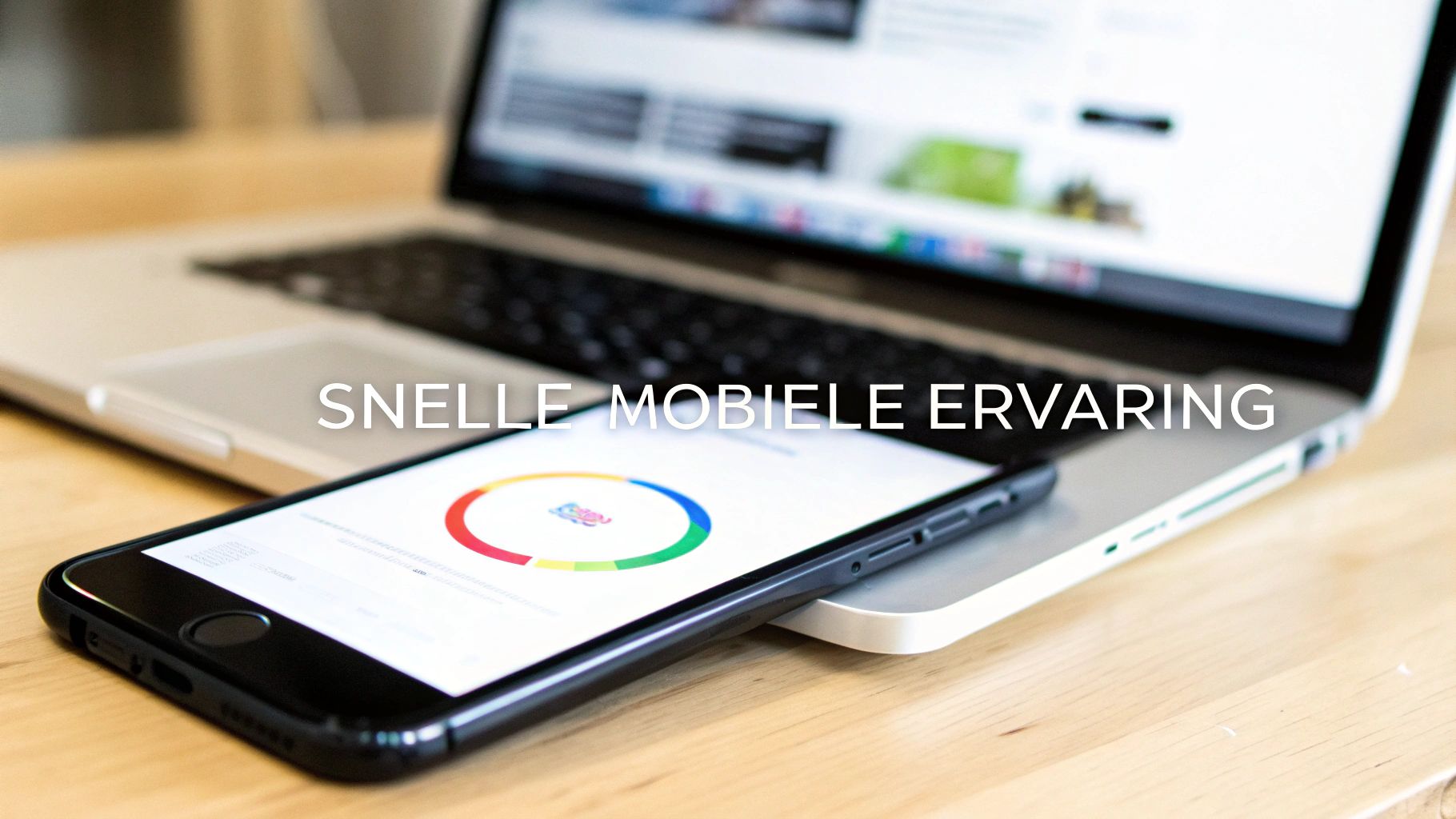 Een smartphone met een kleurrijke grafiek naast een laptop op een houten tafel, met de tekst 'Snelle Mobiele Ervaring'.