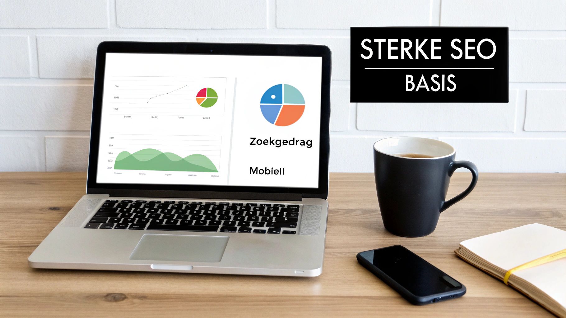 Een laptop toont SEO-analyses en grafieken op een bureau, met een bord 'Sterke SEO Basis'.