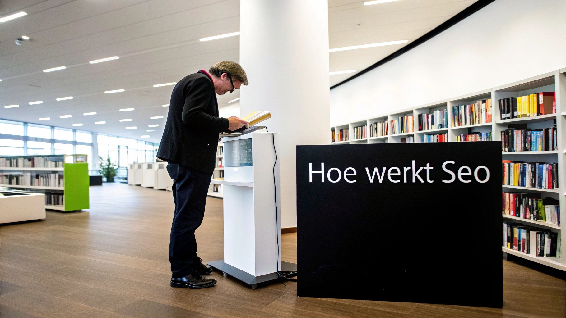 Een man leest een boek in een moderne bibliotheek bij een 'Hoe werkt Seo' bord en boekenkasten.