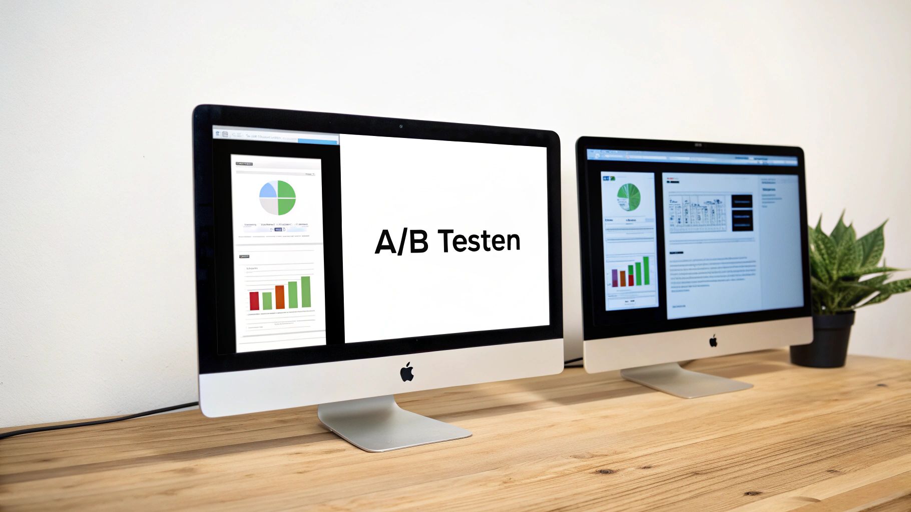 Twee iMac-schermen op een houten bureau, één toont 'A/B Testen', de ander toont statistieken en grafieken.