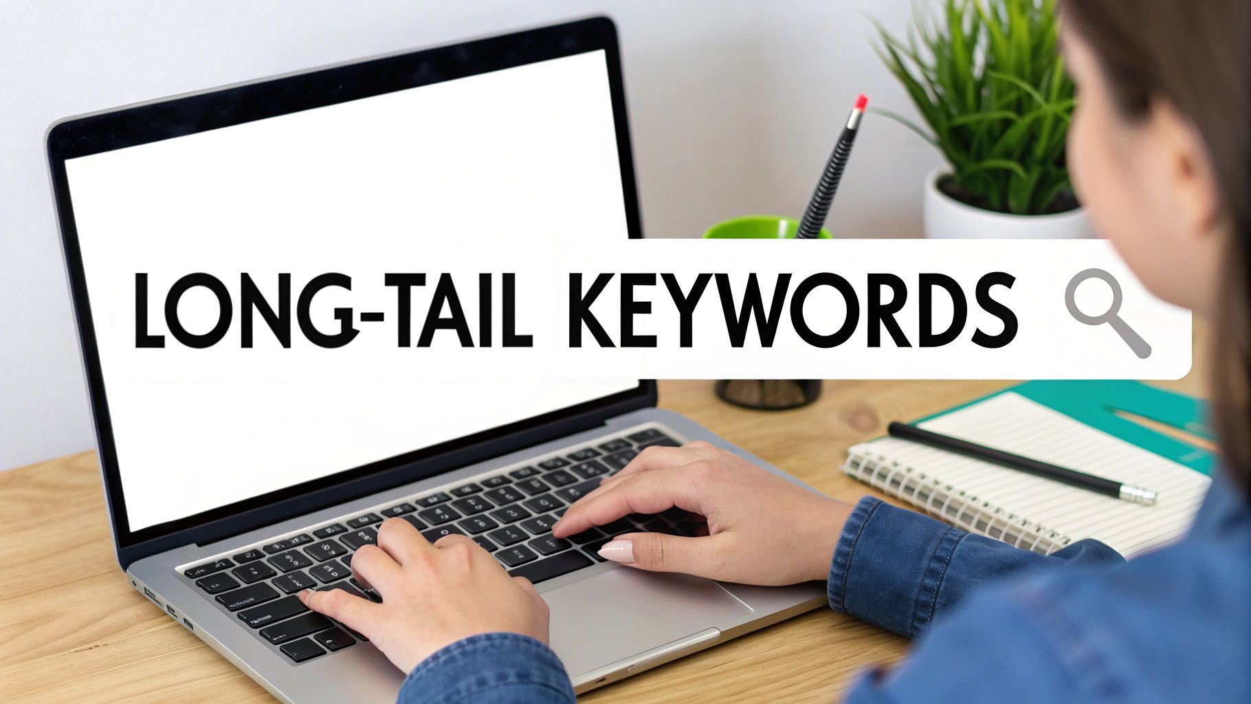 Een persoon typt op een laptop, waarbij op het scherm een zoekbalk met 'LONG-TAIL KEYWORDS' zichtbaar is.