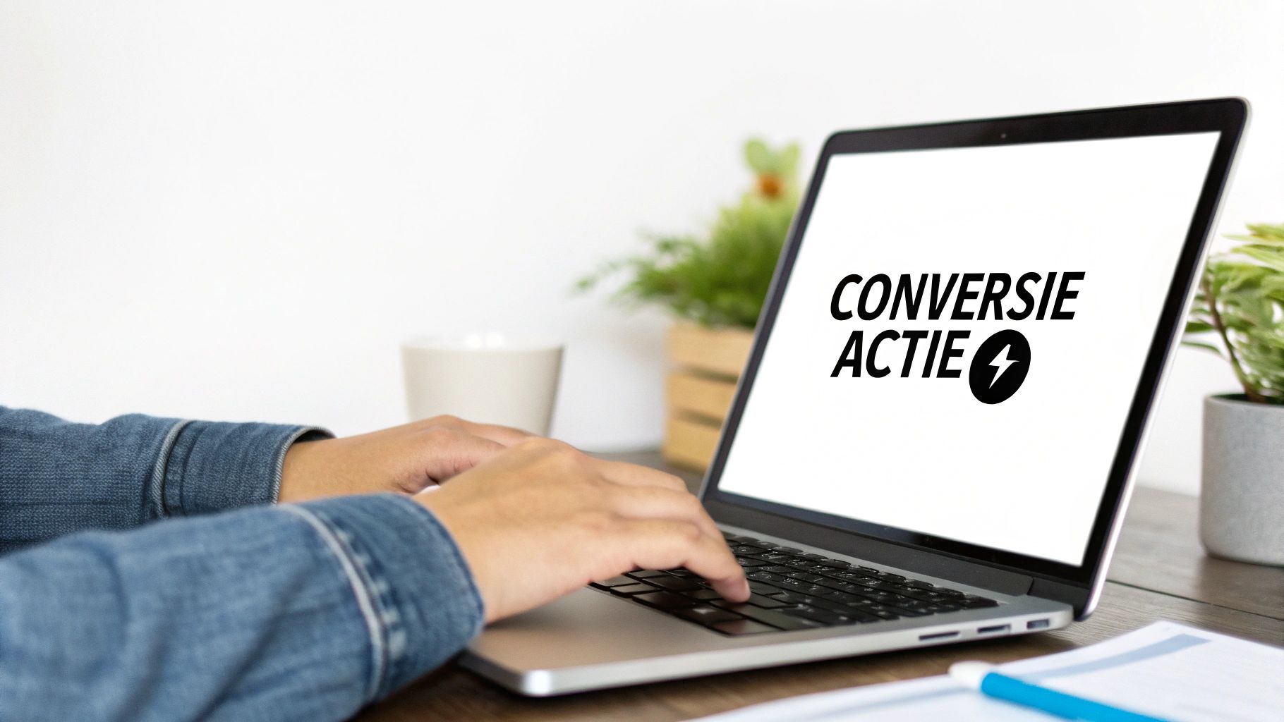 Een vergrootglas dat focust op een conversie-icoon op een laptopscherm, wat de analyse en het belang van conversies symboliseert.