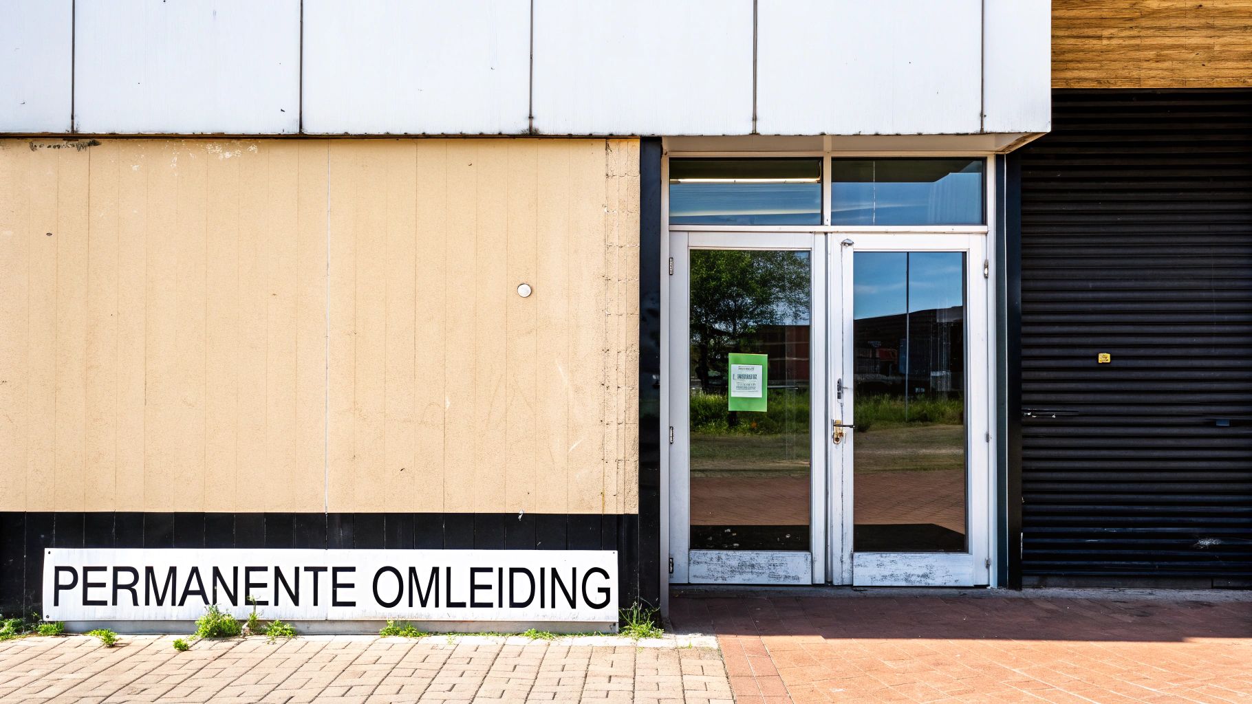 Buitenaanzicht van een gebouw met een beige muur, glazen deur en een groot bord 'PERMANENTE OMLEIDING' op de grond.