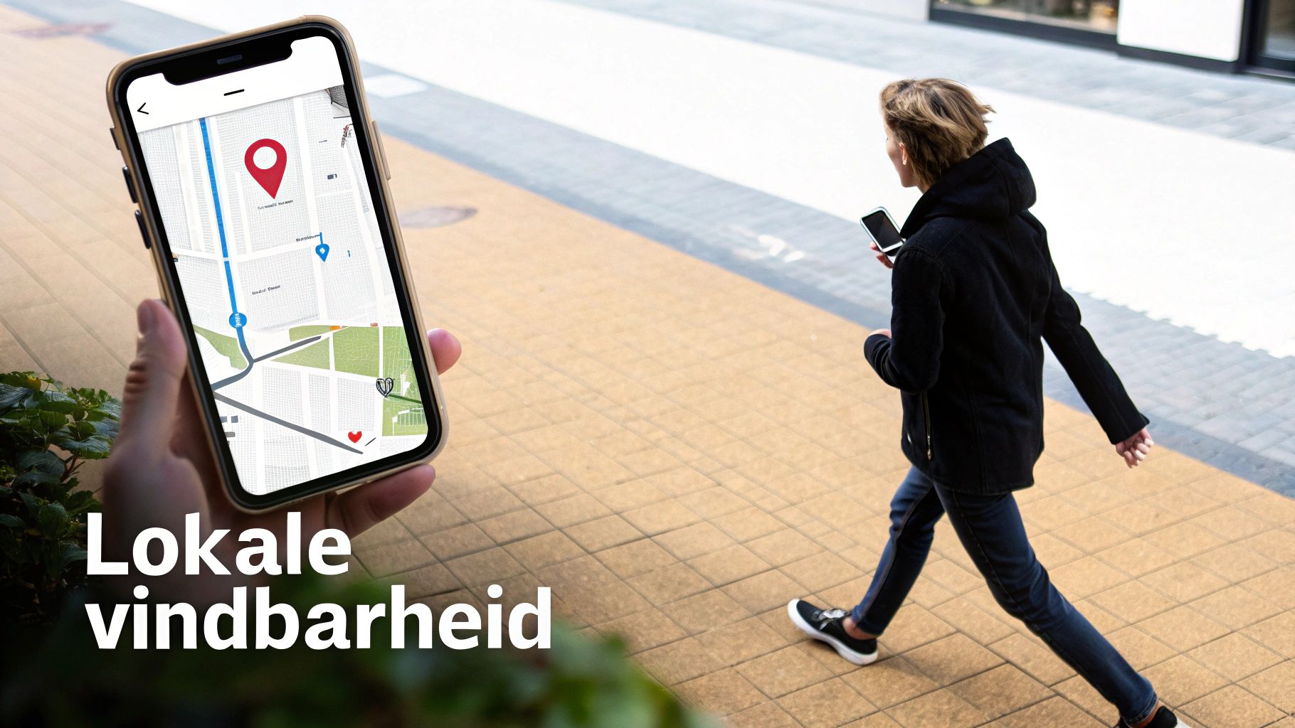 Een persoon die lokaal zoekt op een smartphone met een kaart op de achtergrond