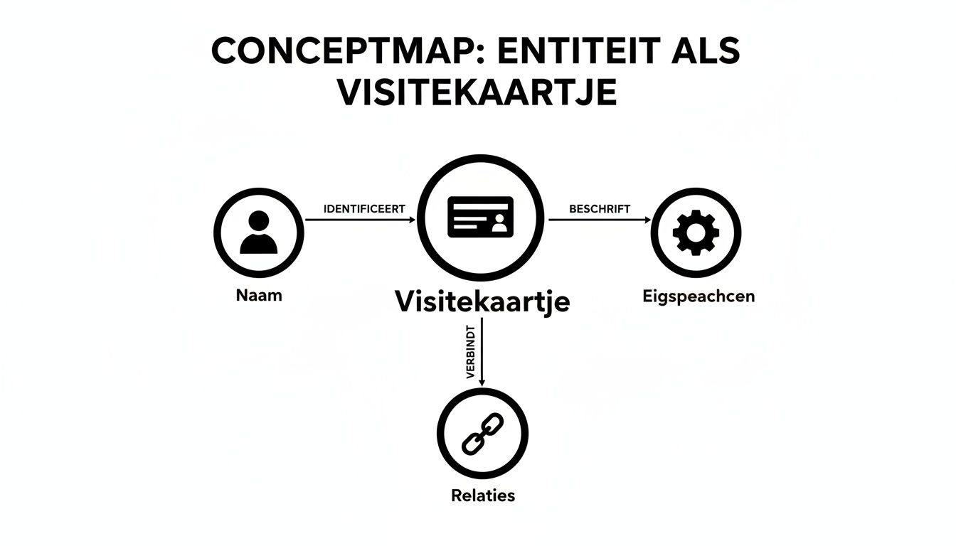 Conceptmap die 'entiteit als visitekaartje' visualiseert, waarbij een naam identificeert, eigenschappen beschrijft en relaties verbindt.