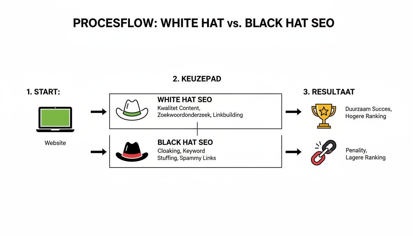 Processchema van White Hat vs. Black Hat SEO, startend met een website en leidend tot succes of straf.