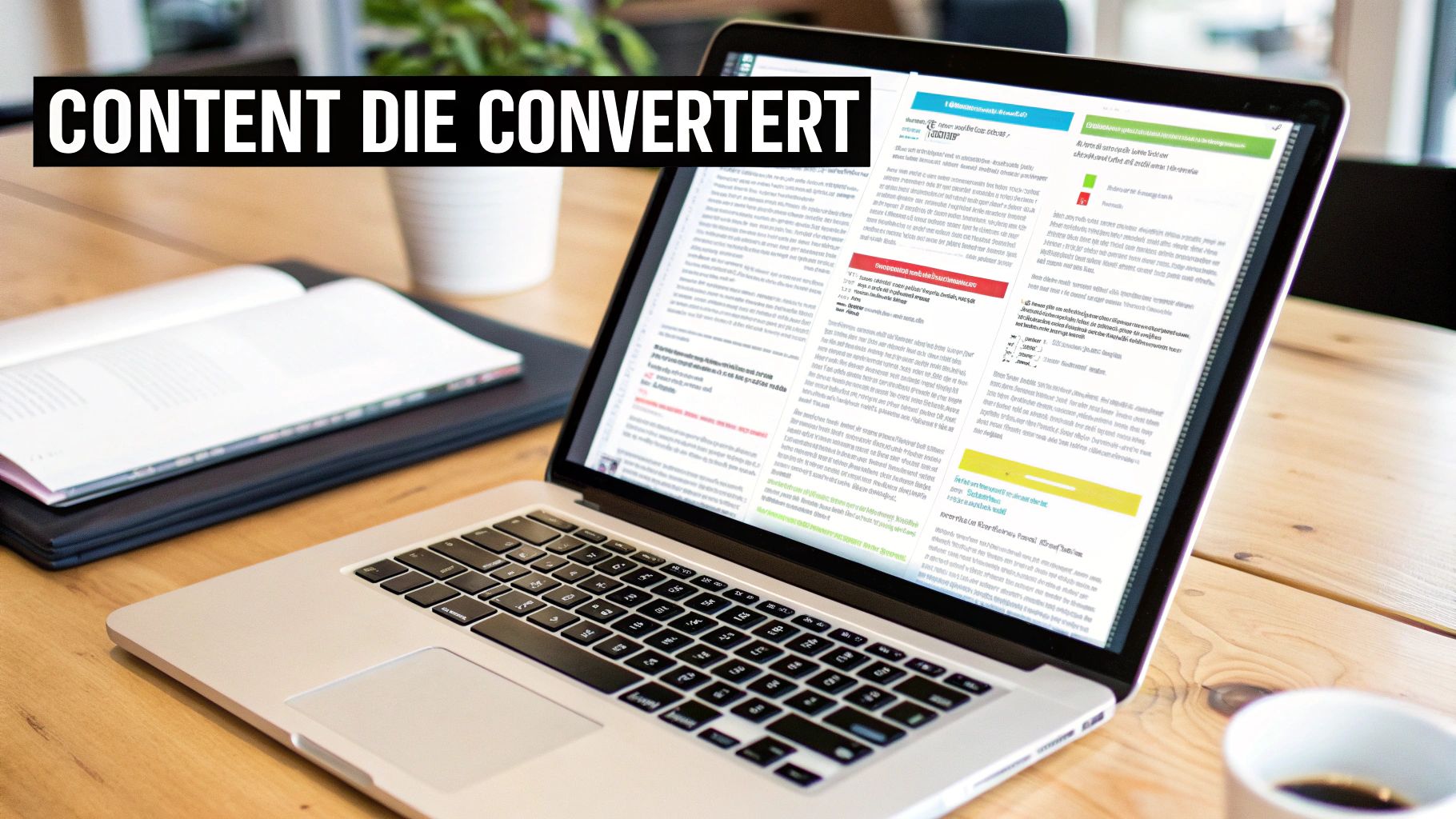 Een laptop op een houten bureau met de tekst 'CONTENT DIE CONVERTIERT' op het scherm en een open boek.