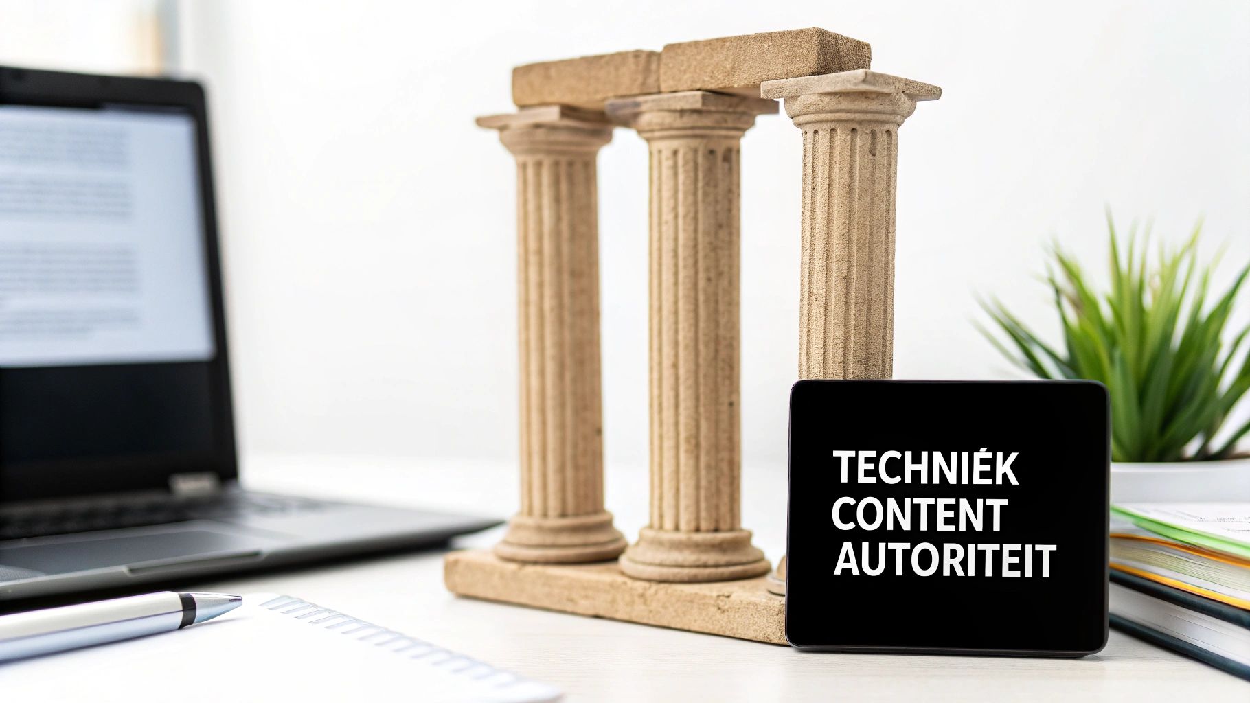 Drie pilaren en een tablet met de woorden Techniek, Content, Autoriteit op een bureau, essentieel voor SEO.