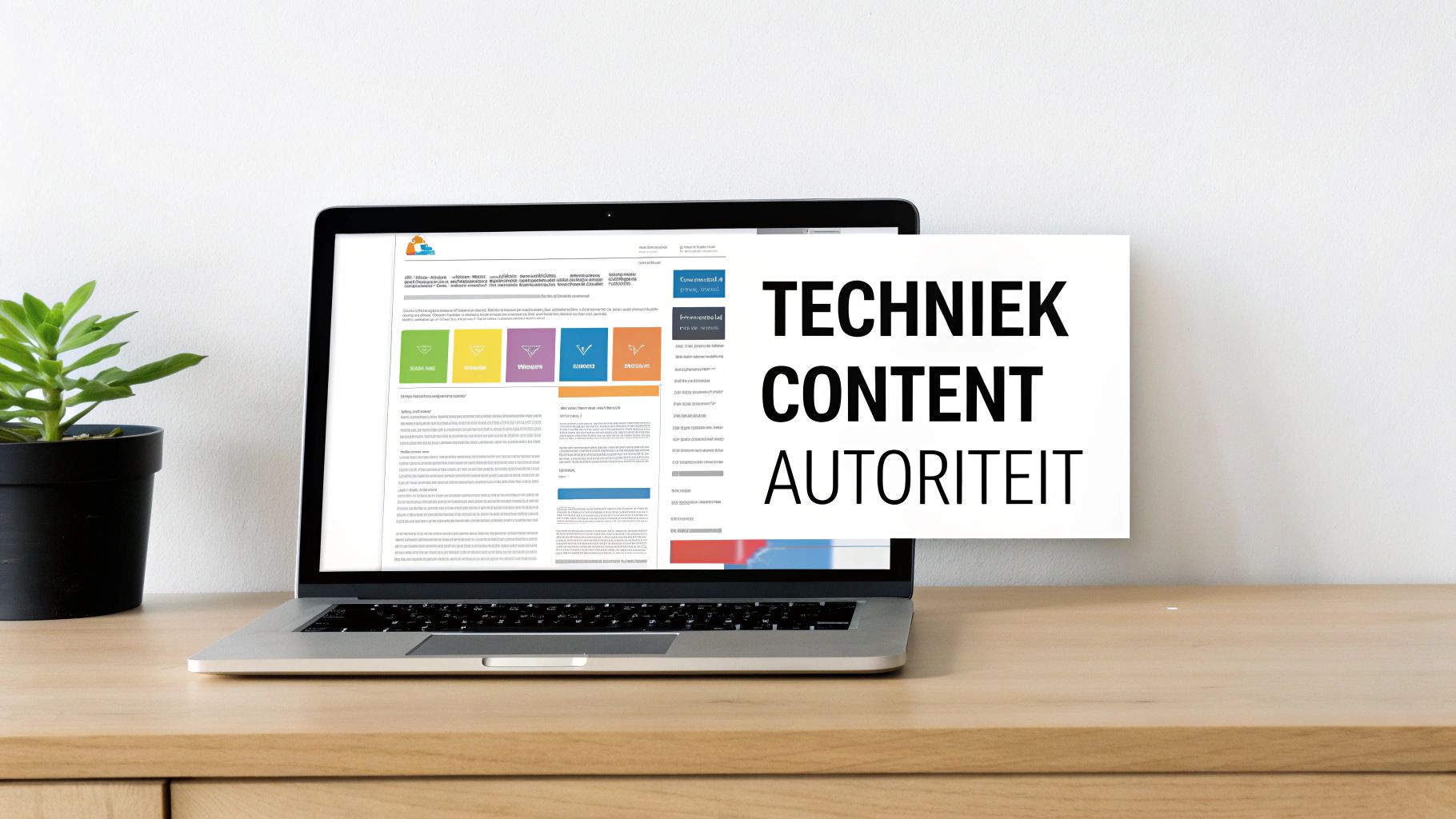 Laptop op een houten bureau met een plant, en een kaart met 'TECHNIEK CONTENT AUTORITEIT'.