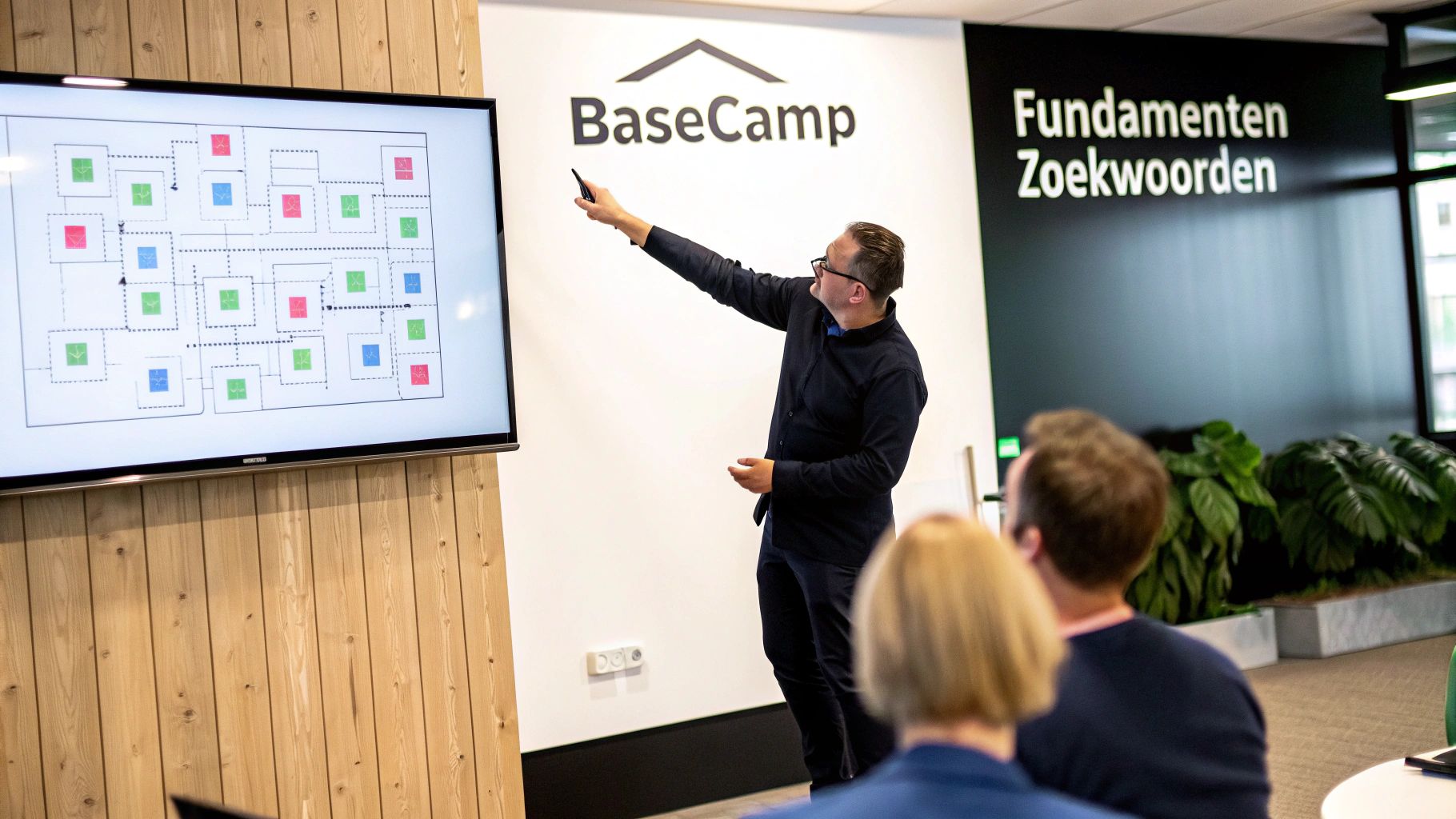 Een man presenteert een complex diagram met gekleurde blokken op een groot scherm aan een publiek.