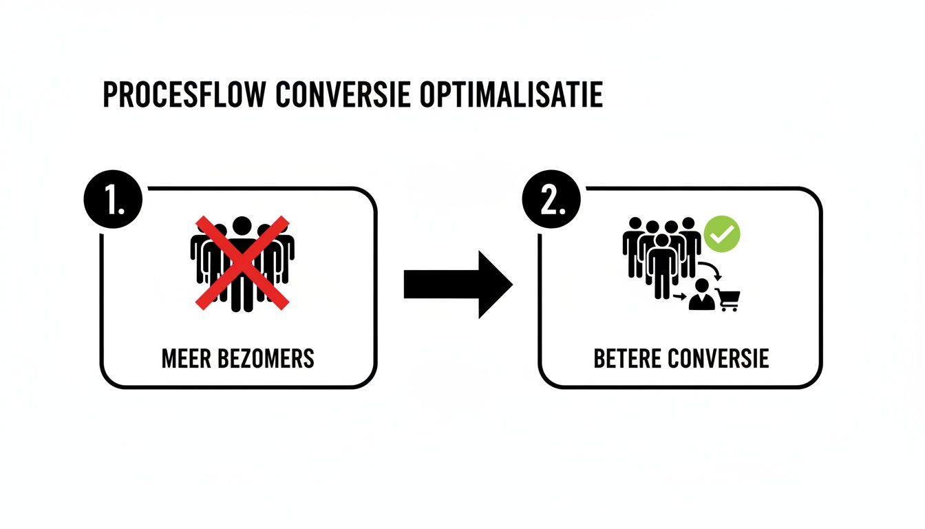 Procesflow voor conversie optimalisatie: van enkel meer bezoekers naar betere conversie met aankopen.