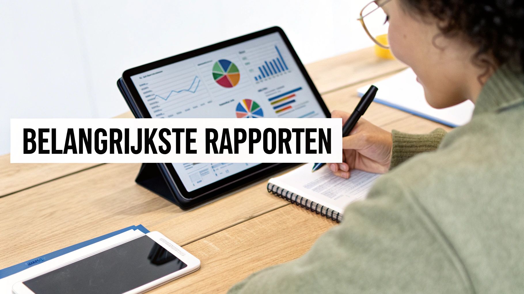 Een persoon bekijkt grafieken op een tablet en maakt aantekeningen in een notitieboekje. 'BELANGRIJKSTE RAPPORTEN' is zichtbaar.
