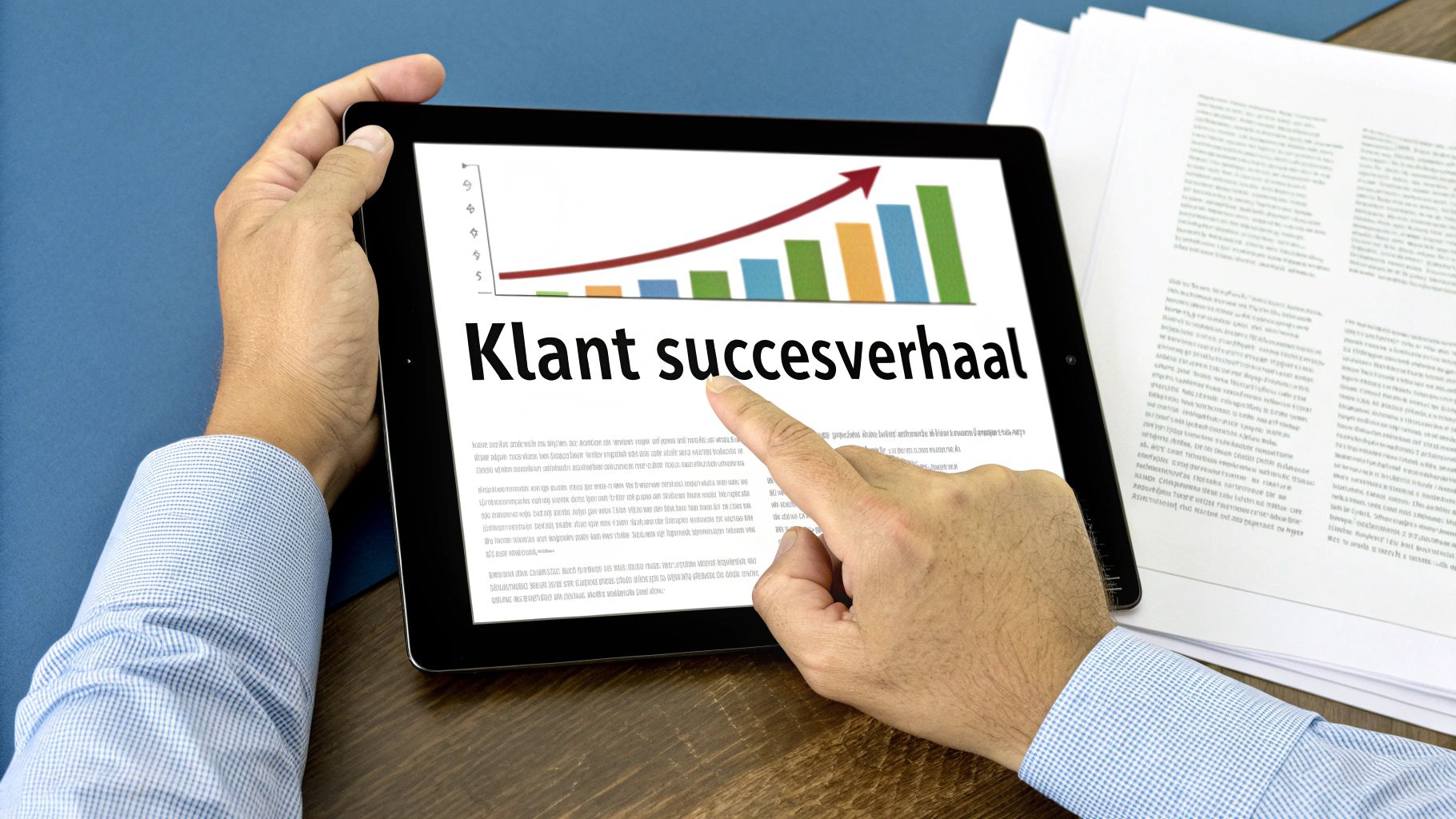 Een persoon houdt een tablet vast waarop een grafiek met groei en de tekst 'Klant succesverhaal' te zien is, met documenten op tafel.