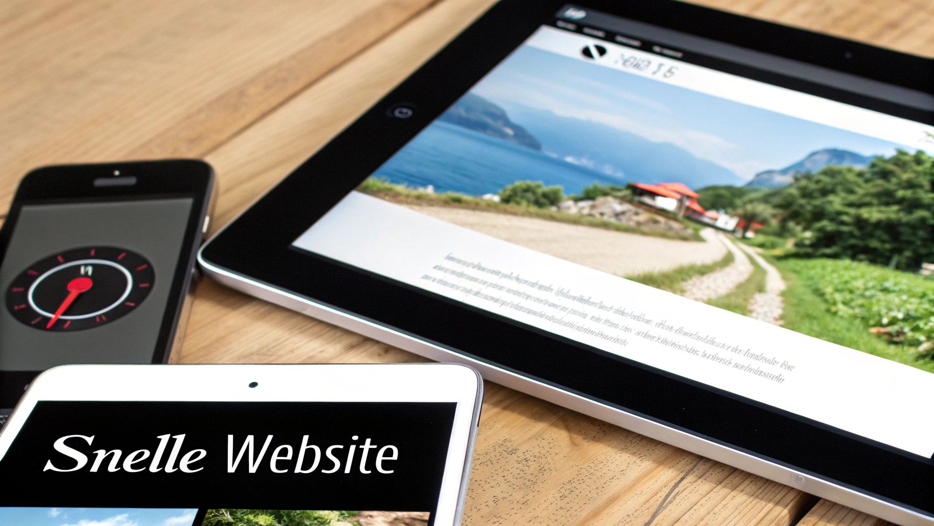 Drie mobiele apparaten op een houten tafel, inclusief tablet met website en telefoons met snelheidsindicator en 'Snelle Website' tekst.