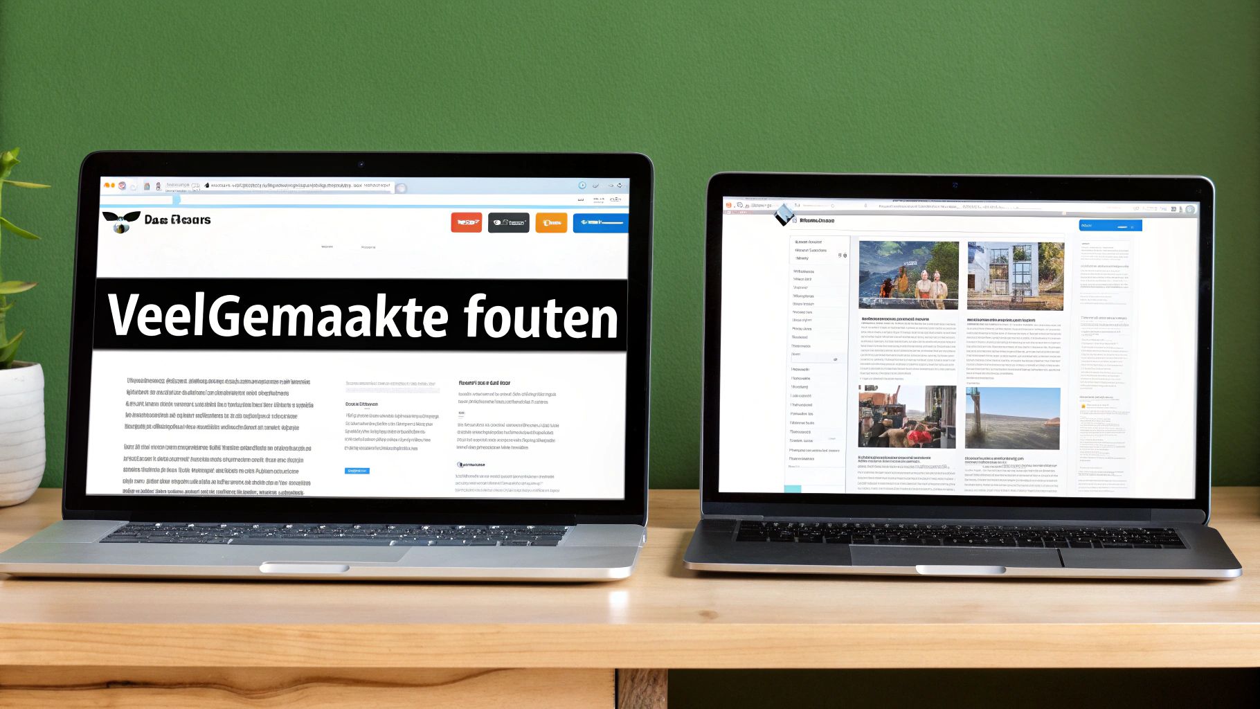 Twee laptops op een houten bureau tonen webpagina's, waaronder een over "VeelGemaakte fouten" van Dasa Floors.