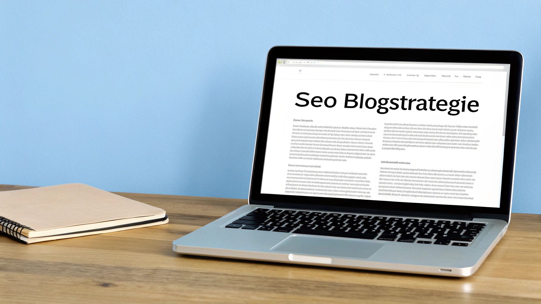 Laptop op een houten bureau met 'Seo Blogstrategie' op het scherm en een notitieboekje ernaast.