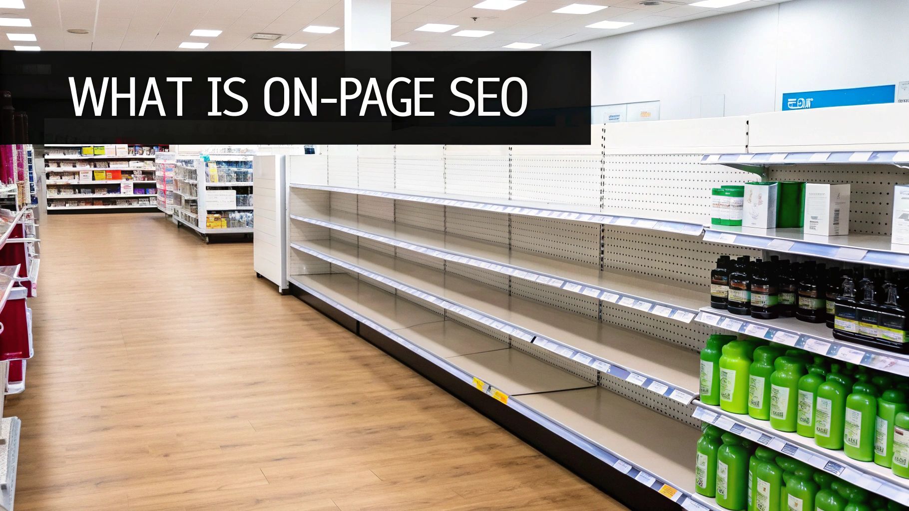 Tekst 'Wat is On-Page SEO' boven een gang met lege winkelschappen, wat het belang van optimalisatie benadrukt.