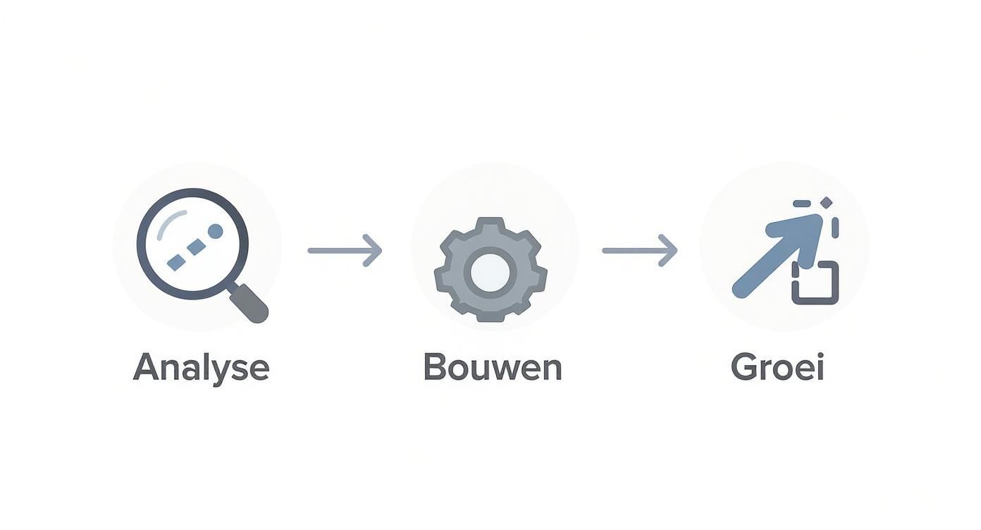 Procesdiagram met drie stappen: analyseren met vergrootglas, bouwen met tandwiel, groeien met stijgende pijl
