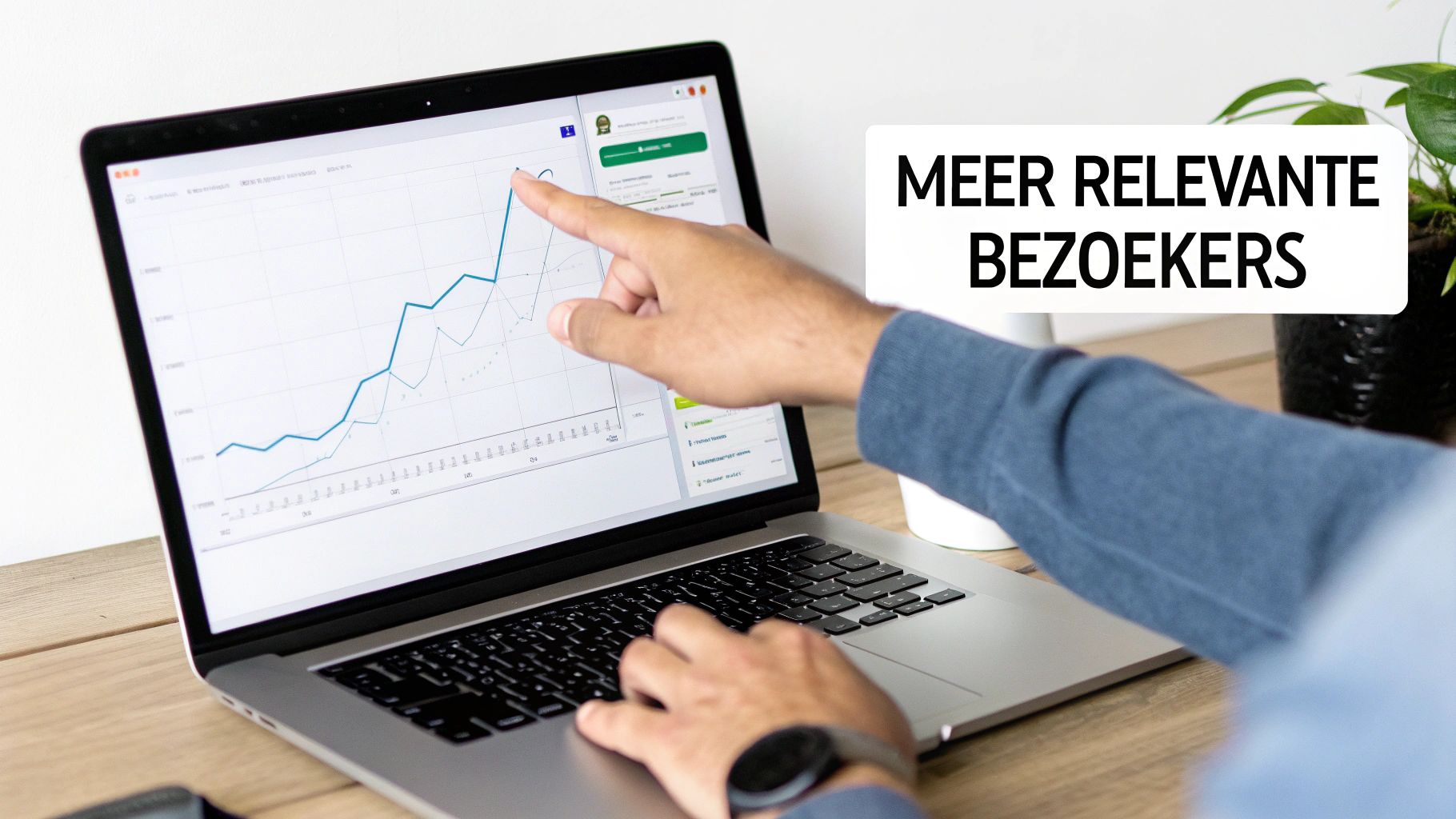 Een persoon wijst naar een laptop met een stijgende grafiek, symboliserend meer relevante bezoekers.