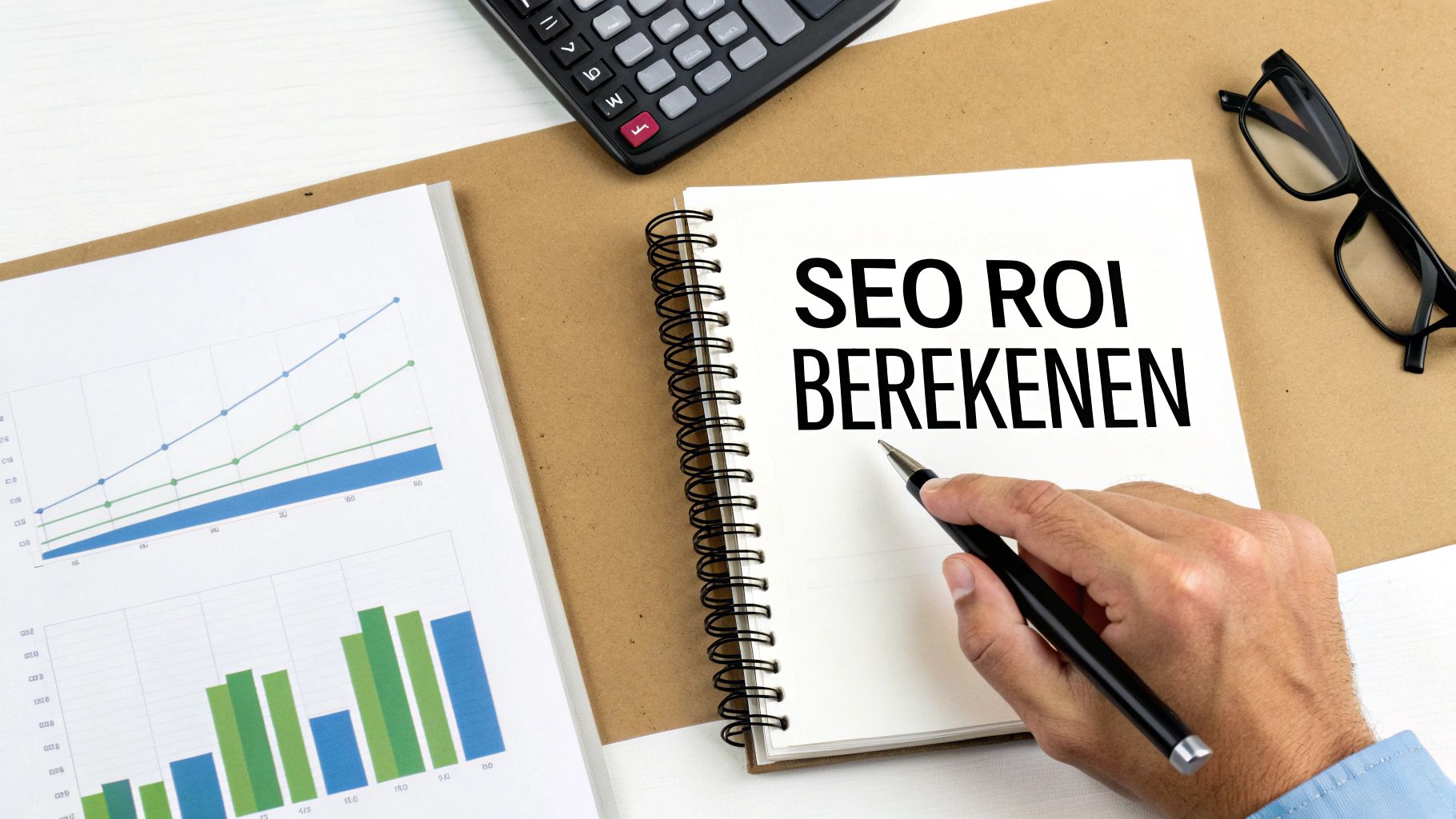 Hand schrijft 'SEO ROI berekenen' in notitieboekje, omringd door grafieken en kantoorartikelen.