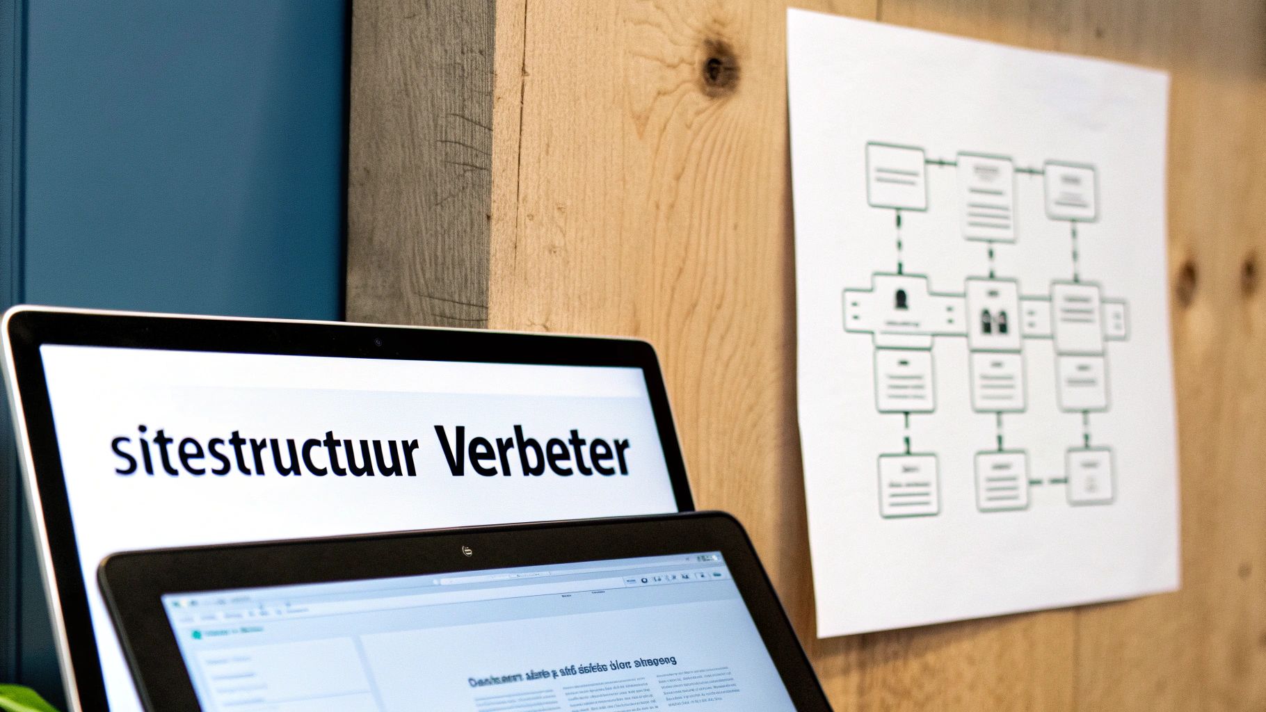 Twee laptopschermen tonen content over 'sitestructuur Verbeter', naast een diagram van een sitemap op een houten wand.