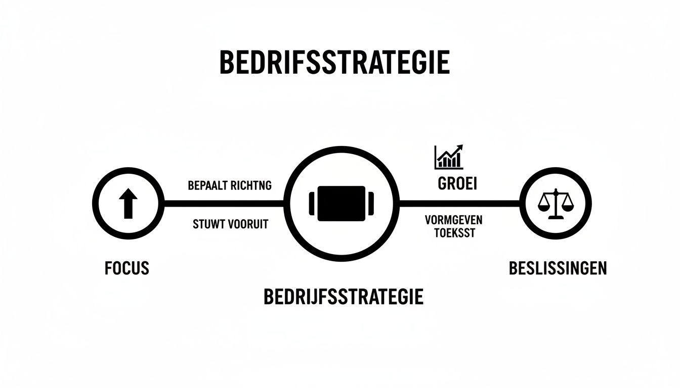Diagram over bedrijfsstrategie met focus, richting, groei en beslissingen als kerncomponenten.